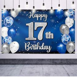 Happy 17th Birthday Decorations,17th Blue & Silver Balloon Large Birthday Banner Backdrop Sign,Cheers to Seventeen Years Old Bday Party Supplies.