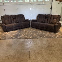 Brown Manual Recliner Sofa Set – LED Lights, Chargers & Cupholders