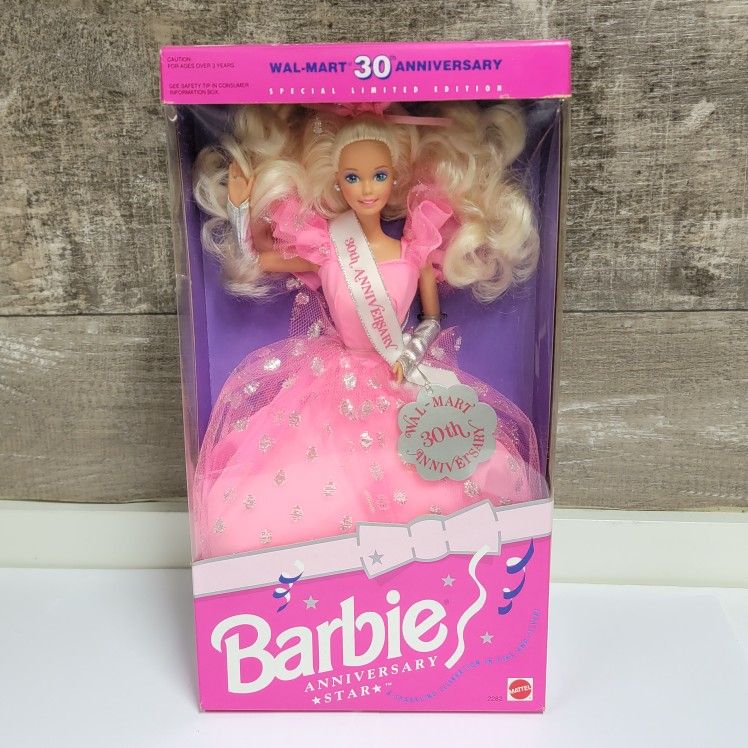 The 1992 Wal-Mart 30th Anniversary Star Barbie is a special doll that was released in collaboration with Wal-Mart to celebrate their 30th anniversary.