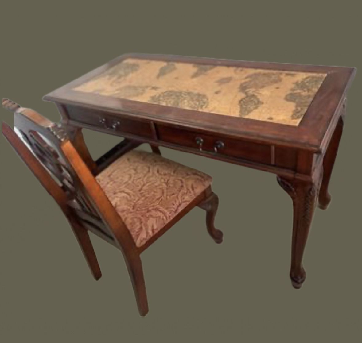 Old World Map Top Desk With Felted Drawers & Cushioned Chair Wood