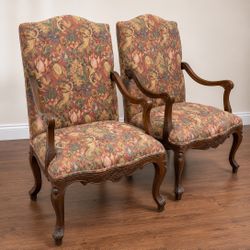 Vintage Arm Chair Accent Chair. Mahogany Wood With Floral Tapestry Fabric