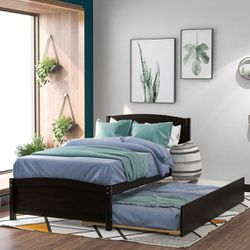 Harper & Bright Designs Twin Bed Frame, Wood Platform Bed with Trundle, Headboard, Footboard and Wood Slat Support, Espresso G28