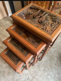 Vintage Carved Wood Ship Scene Nesting Tables
