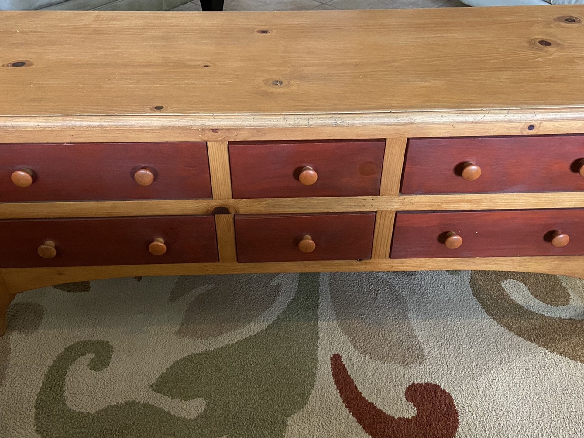 Knotty Pine Rustic Wooden Coffee Table With 6 Storage Drawers