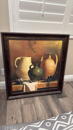 Large 39” x 39” Framed Still Life Wall Art – Rustic Pottery & Grapes