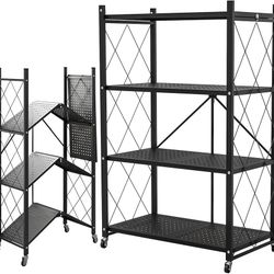 Metal Storage Rack, 4 Tier Foldable Storage Shelves with Wheels, No Assembly Portable Metal Shelving, Collapsible Rolling Standing Shelf Units for Gar