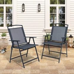 New Set of 2 Grey Outdoor Folding Patio Dining Chairs With Textilene Fabric