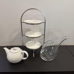Crate & Barrel - $30 OBO Entertaining set.  Teapot, pastry stand & wine decanter 