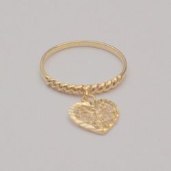10K Gold Dangle Ring With Filigree - Heart Charm Dangling Ring Size 5