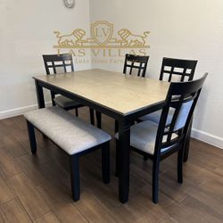 Dining Table + 4 Chair + Bench Set Black And Gray 