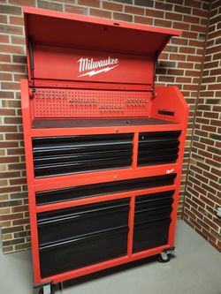 46 in. 16-Drawer Steel Tool Chest and Rolling Cabinet Set, Textured Red and Black Matte