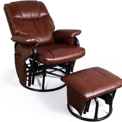 Recliner Chair with Ottoman Living Room Chairs Faux Leather Glider Chair 360 Degree Rotation Leisure and Relaxation Furniture (Red-Brown