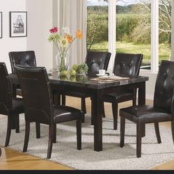 7 Pc Black Brown Top Faux Marble Wooden Dining Table Set 