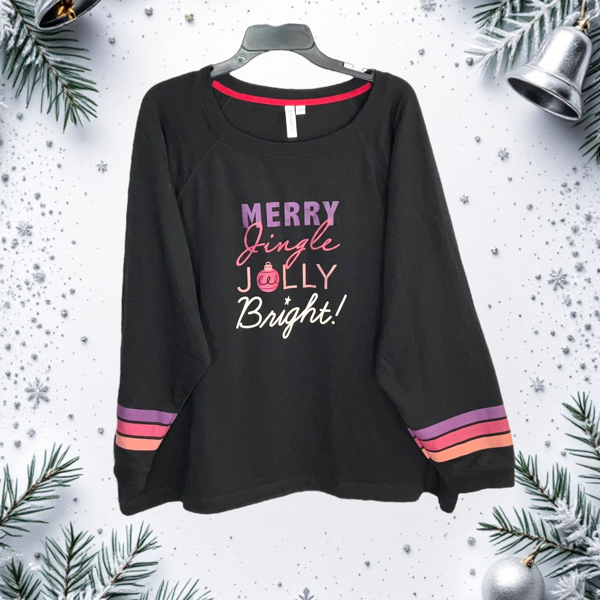 Joyspun Black & Multicolor Merry Jingle Jolly Bright Sweatshirt Women 3X 22W-24W