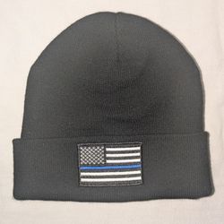 Thin Blue Line American Flag Police Black Knit Fold Over Winter Watch Hat Cap