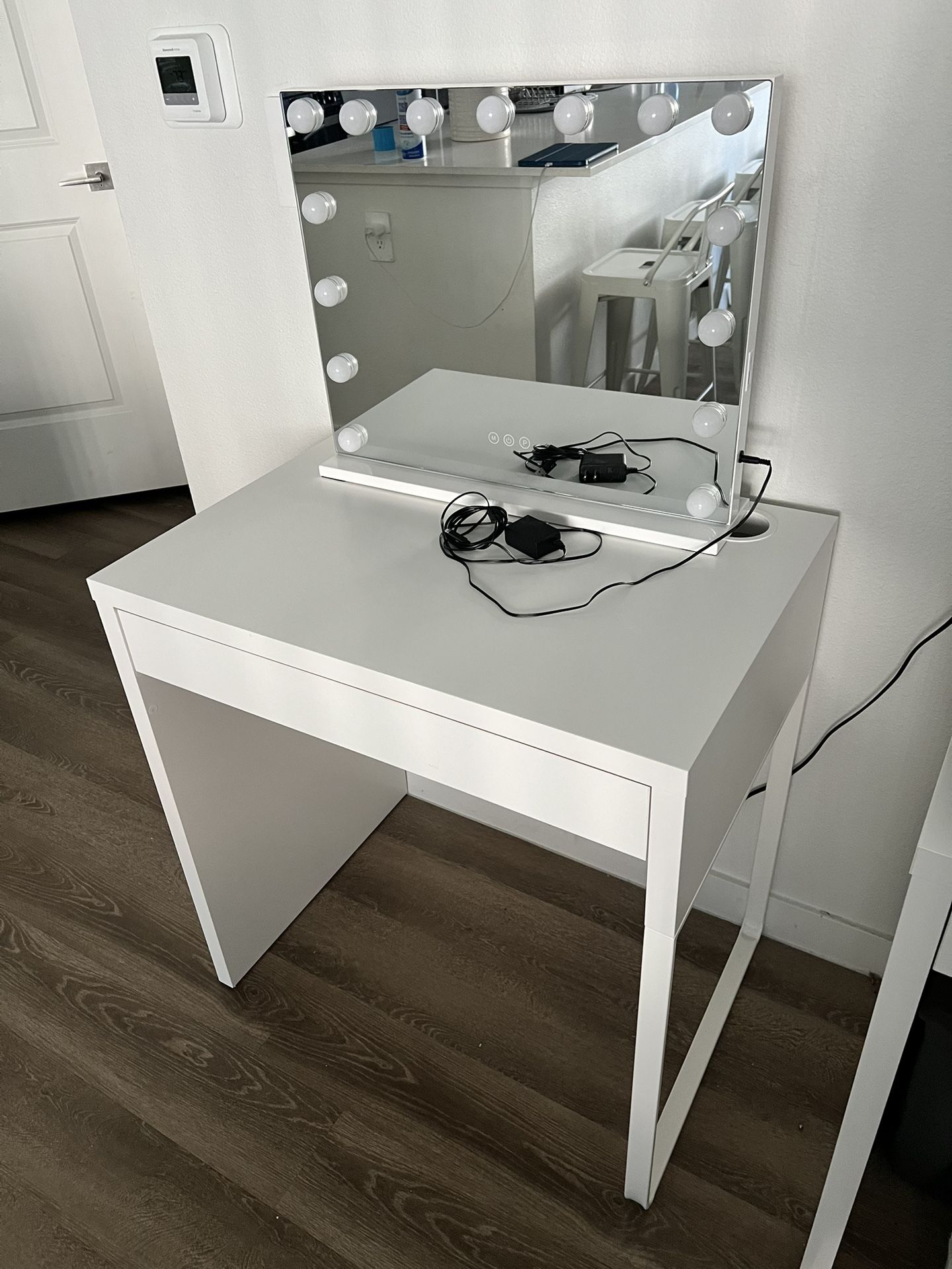 White Single Drawer Desk + Vanity Mirror