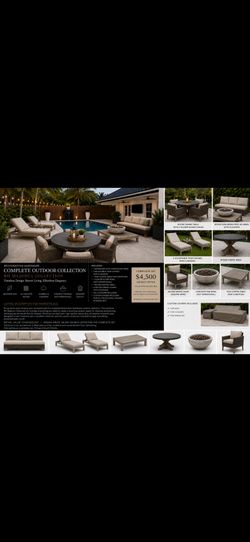 COMPLETE RH OUTDOOR SET- Dining Table, 4 Chairs, Sofa, 2 Loungers, Firepit And Coffee Table- Cushions Included