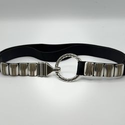 CHICO'S Western Silver Tone Concho Ring Hook Buckle M/L Black Leather Waist Belt