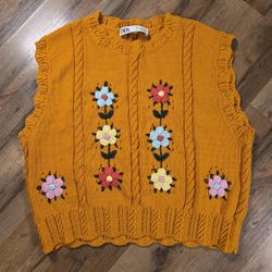 Zara Orange Knit Floral Sweater Vest