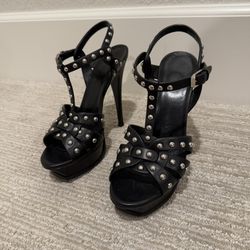 Saint Laurent Black Leather Studded Tribute Platform Sandals Size 37.5 EU or 7.5 US