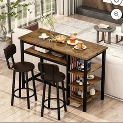 Bar Dining Table Set for 2, 3 Piece Bar Table and Chairs Set, Kitchen Counter Height Dining Table Set, Small Kitchen Bar Table with Storage, Breakfast