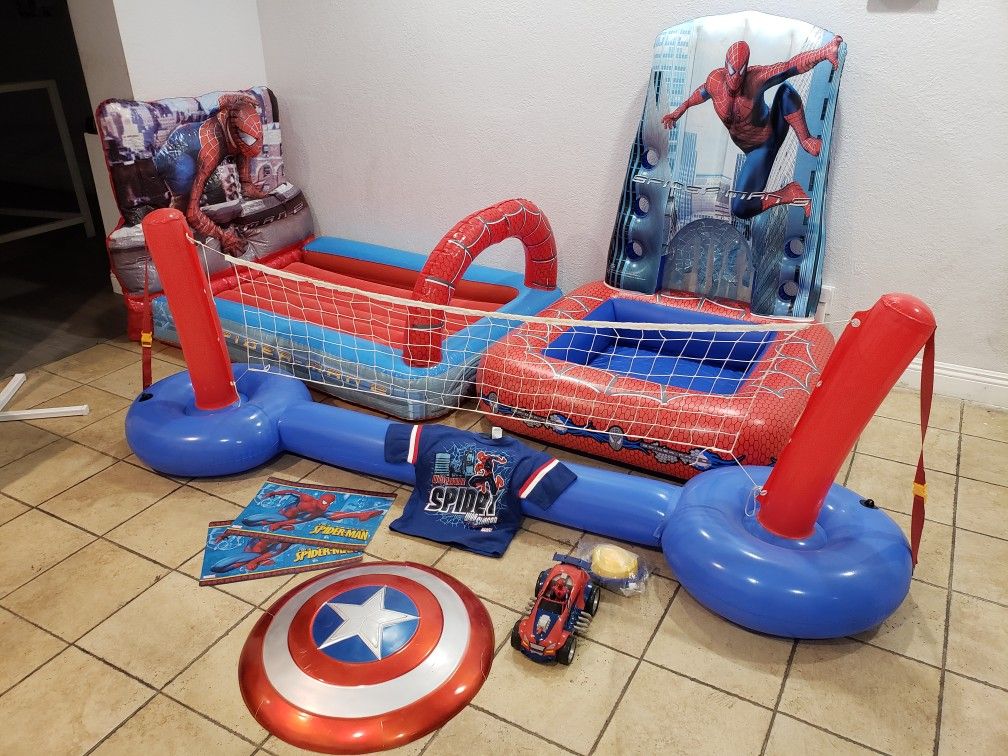 Spiderman Inflatable Bed, Ball Pit, and Volleyball Net plus Extras