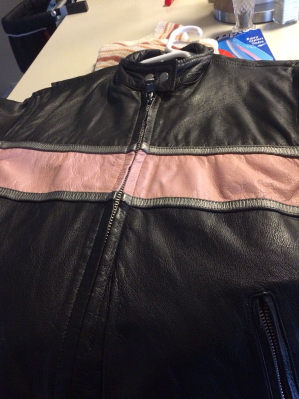 Pink and black leather motorcycle jacket