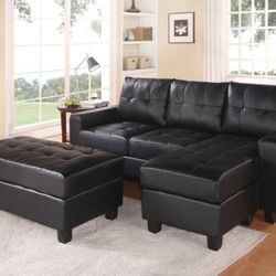 Lyssa Black Bonded Leather Match Sectional Sofa & Ottoman

