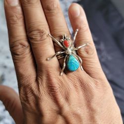 sterling silver Ant ring  with turquoise and coral size 8.5