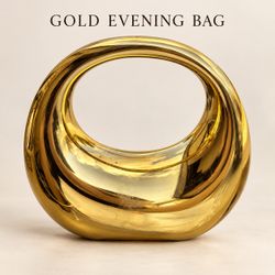 Gold Metallic Ring-Handle Evening Bag / Hard-Shell Clutch