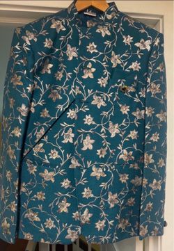 Teal Floral Brocade Bandhgala Jacket