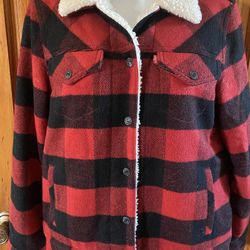 Levis Buffalo Red Plaid Sherpa Lined Trucker Jacket Women’s Medium Snap Buttons