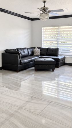 Black Leather Sectional Sofa with Ottoman