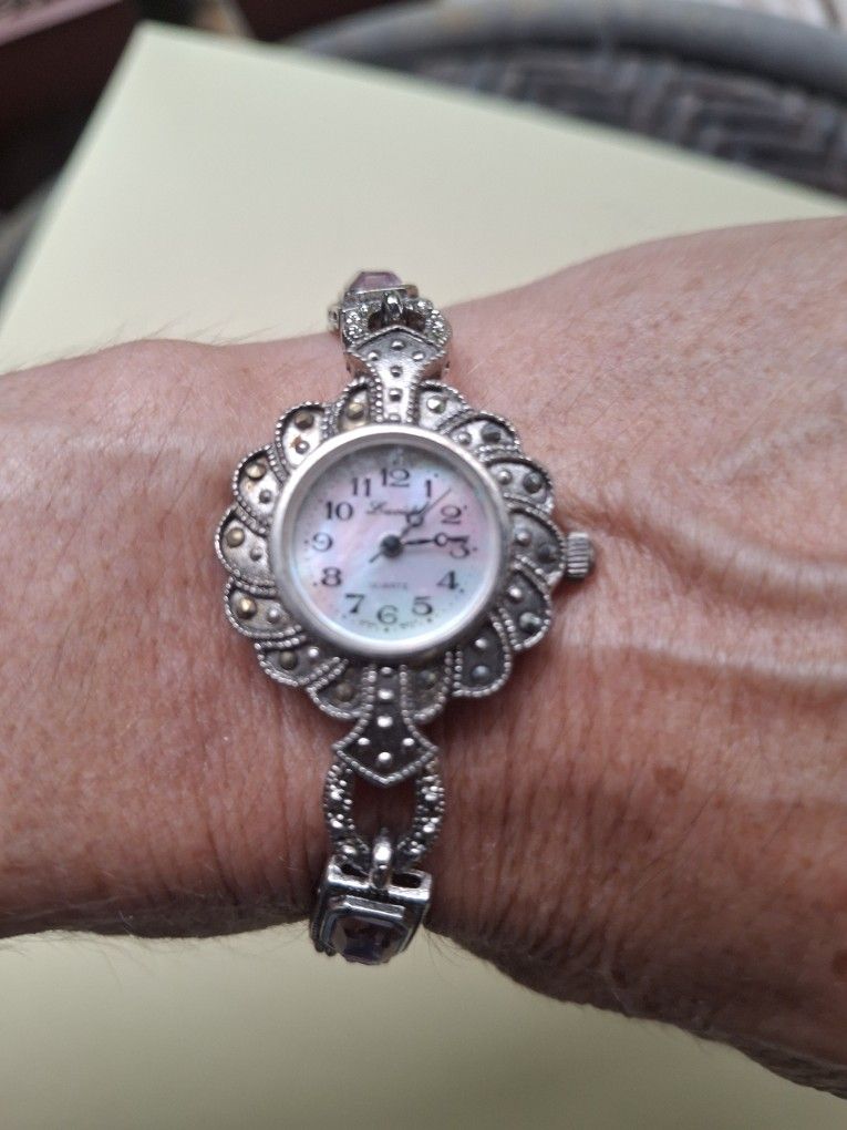 Vintage Multi Gemstone And Marcasitte Silver Watch.