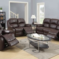 New Reclining Set 3pc. On Brown Faux Leather 