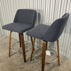 Toriano Stools – Set of 2 (Walnut Wood + Blue Fabric) ✨