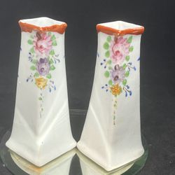 ANTIQUE (Set Of 2) HAND PAINTED 5”HATPIN HOLDERS MINI VASES MULTI COLORED FLORAL
