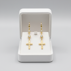 14K Yellow Gold Cz Dangle Cross Lever Back Earrings