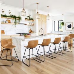 Whisky Brown Color 360° Swivel Faux Leather Seat Bar Stool Metal Frame Bar Stools with Low Back (Set of 6)