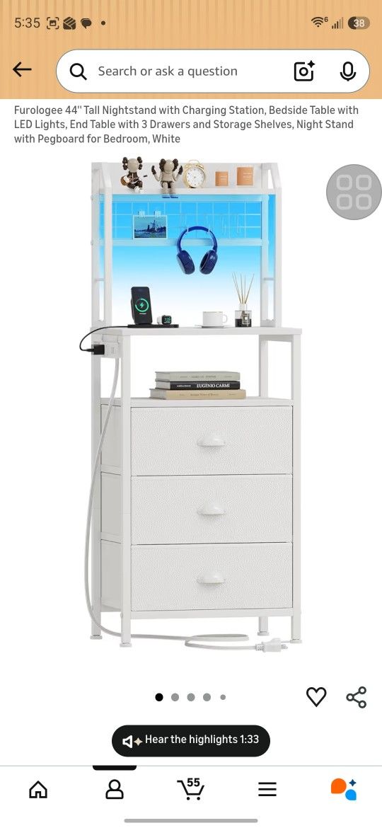 Nightstand With 3 Fabric Drawers And Led Light Strip