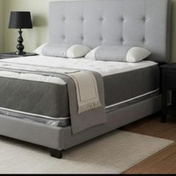 BRAND NEW KING SIZE GRAY LINEN BED FRAME WITH NEW MATTRESS SET/FAST DELIVERY
