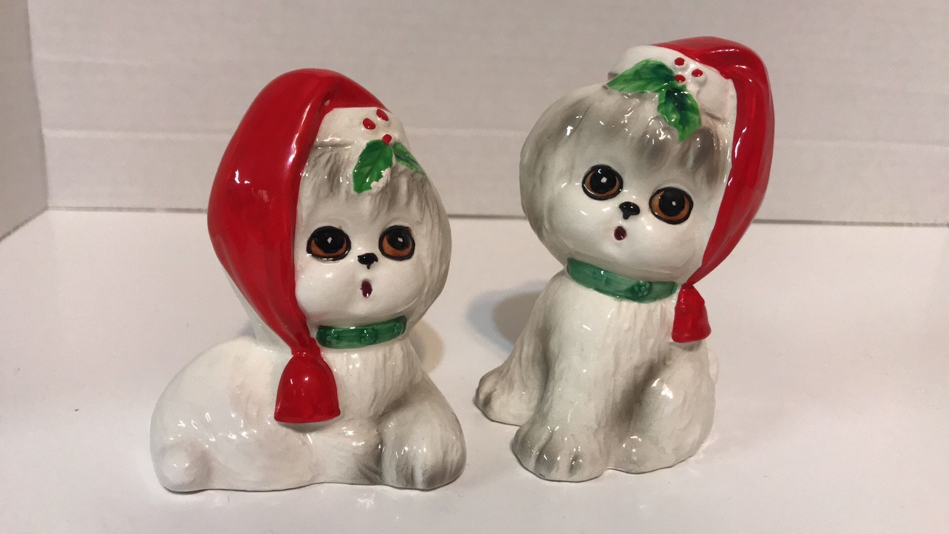 Lefton 1950's Vintage Christmas Dog Salt & Pepper Shakers-Anthropomorphic-Shih Tzu-Christmas Decor-Retro Christmas
