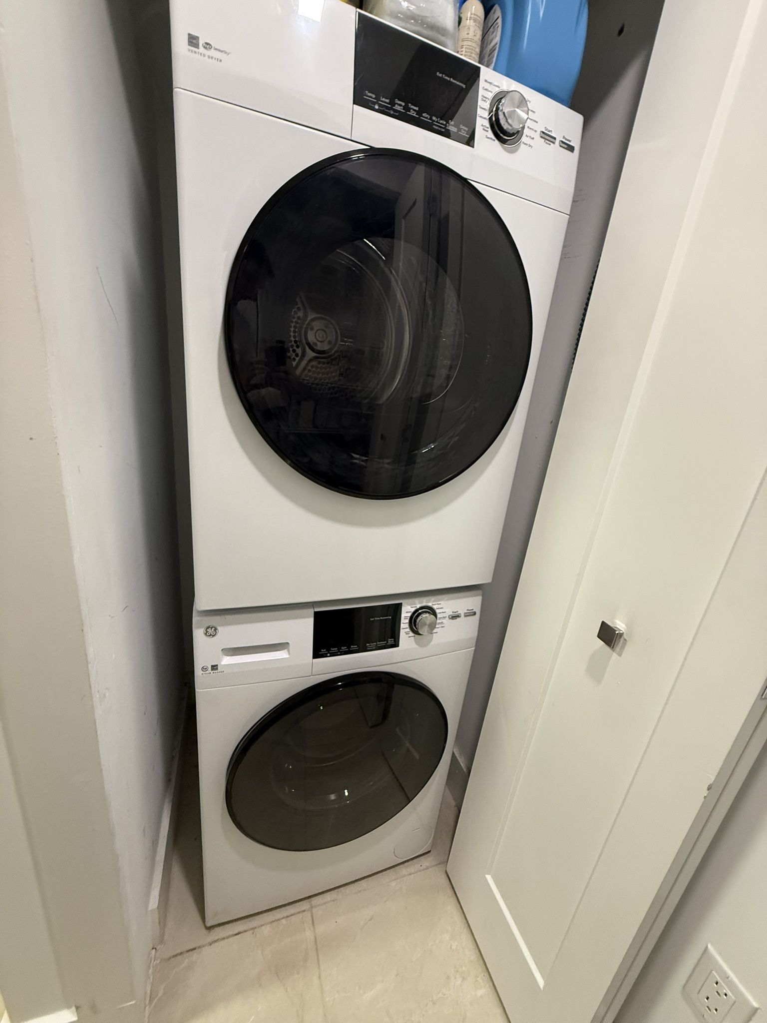 GE® ENERGY STAR® 24" 2.4 CU. FT. FRONT LOAD WASHER WITH STEAM + GE® ENERGY STAR® 24" 4.3 CU.FT. FRONT LOAD VENTED ELECTRIC DRYER WITH STAINLESS STEEL