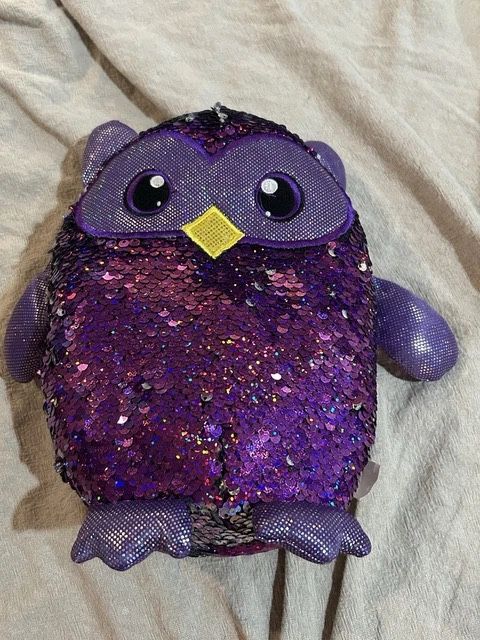Shimmeez ~ Flip Sequin ~ Owl Plush 9" ~ Reversible Purple- Silver ~ Pre-owned