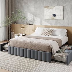 Queen Size Platform Bed Frame with 4 Large Storage Drawers, Velvet Vertical Channel Tufted Upholstered Bed Base, Wooden Slats Support, Noise-Free, No 
