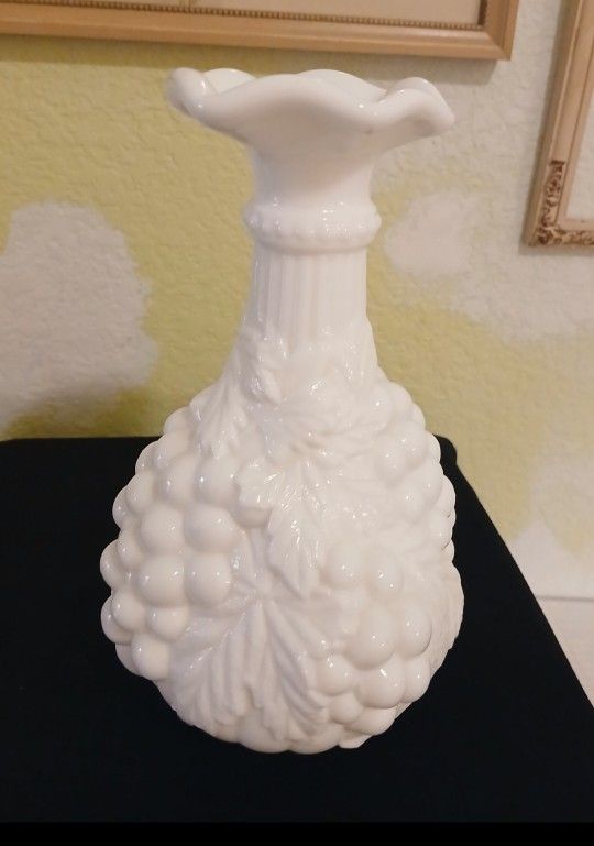 Vintage Milk Glass Vase Decanter Grapes Leaves Pattern Embossed Ruffled Rim