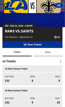 2 LA Rams vs Saints Preseason Tickets  parking pass also included