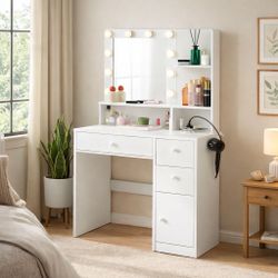 Modern White Makeup Vanity with Lighted Mirror & Storage Drawers