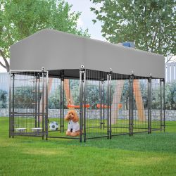 Dog Kennel Outdoor with Roof, 4.23'x7.81'x4.83' Welded Wire Enclosure, Heavy Duty Dog Crate with UV-Resistant Waterproof Cover, Double Lock & Rotating