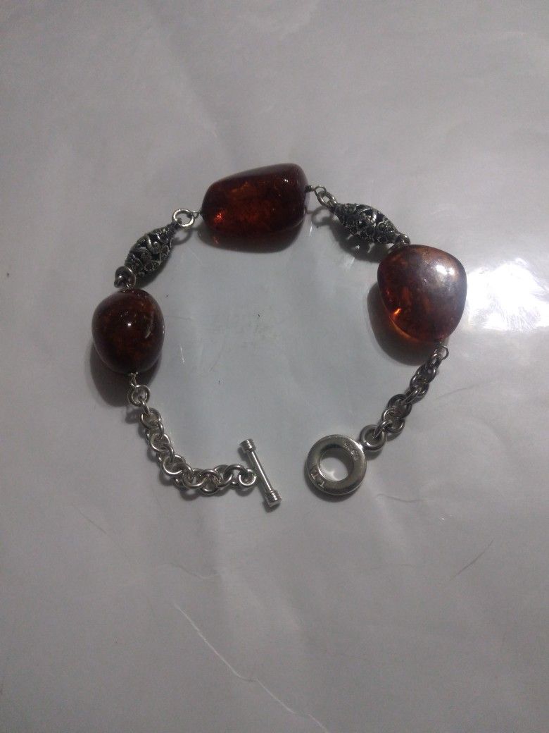 925 Silver And Amber Bracelet Signed TT Lent 9 And 1/4 Used